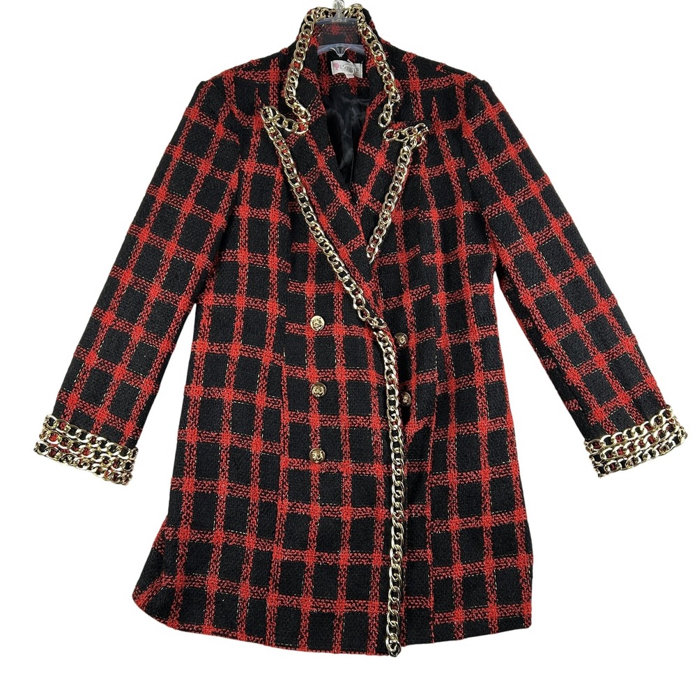 L'ATISTE Coat Womens 2X‎ Black Red Tweed Plaid Chain Cat Button Overcoat Dressy